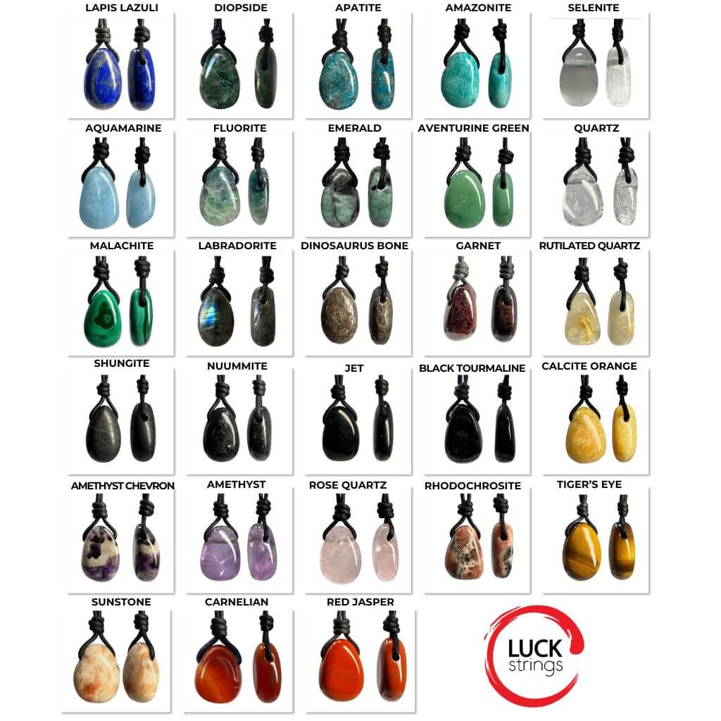 Luck Strings assorted gemstone pendants chart including Lapis Lazuli, Amethyst, Rose Quartz, and others.