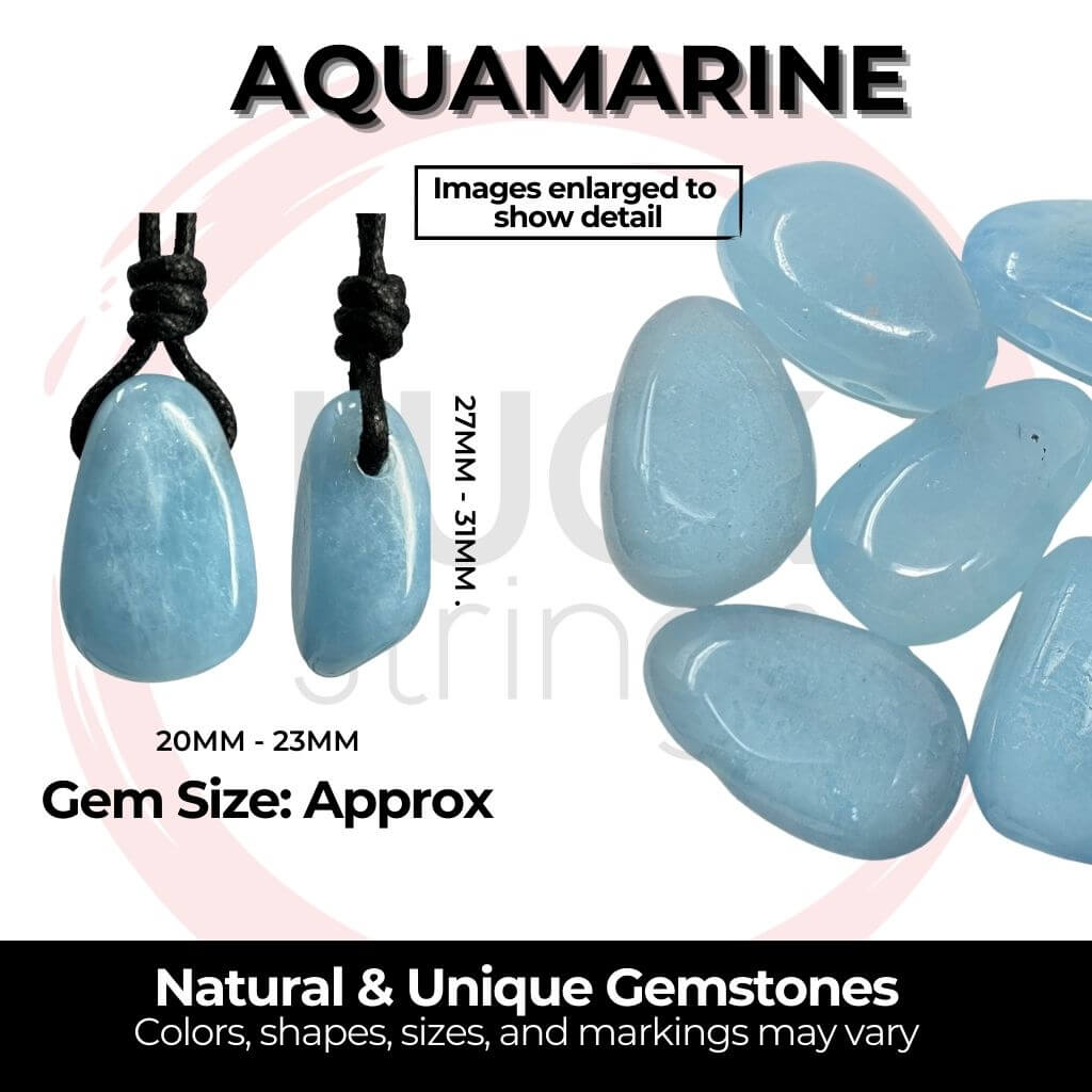 Infographic showing various Aquamarine gemstones for necklaces with approximate sizes indicated, highlighting the natural and unique colors, shapes, sizes, and markings of each stone.