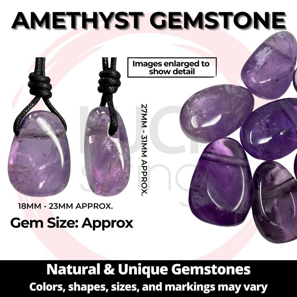 Detailed view of a Luck Strings Amethyst necklace, showcasing the gemstone's rich purple color.