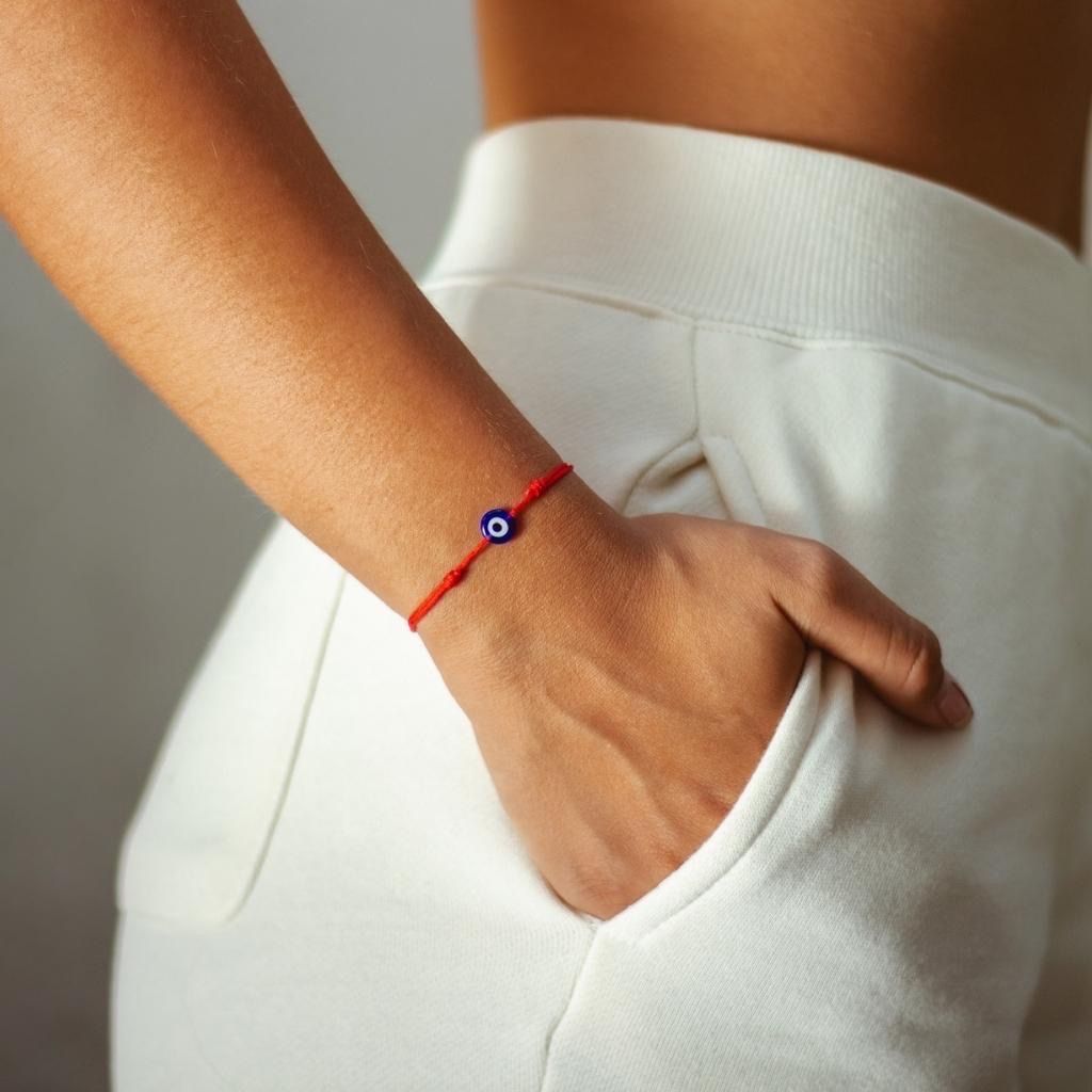 Woman wearing a delicate evil eye bracelet, showcasing its elegant and protective design. - Luck Strings

