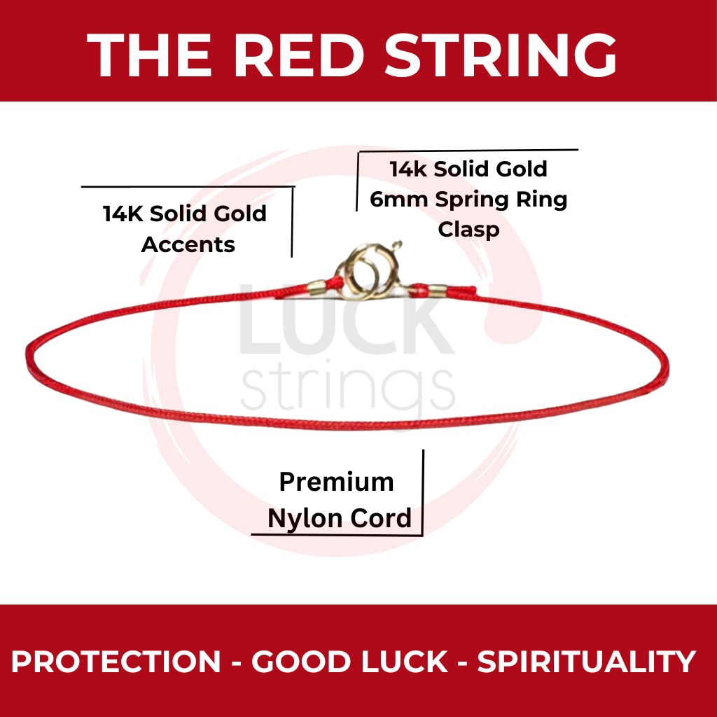 Text label describing a red string bracelet with gold clasp for protection, good luck, and spirituality - Luck Strings