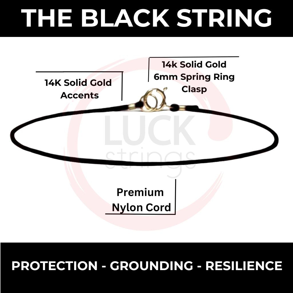 Text label indicating a black string bracelet option with gold accents for grounding and resilience - Luck Strings