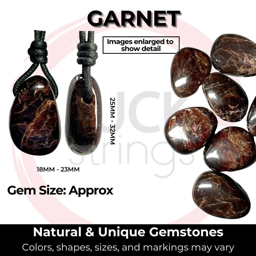 A collection of Luck Strings natural and unique garnet gemstones showcasing a feature garnet colors and sizes