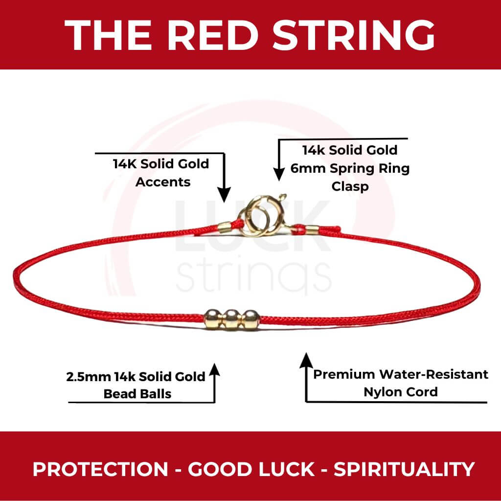 Red water-resistant nylon cord bracelet with 14k solid gold beads and clasp by Luck Strings for luck and spirituality.