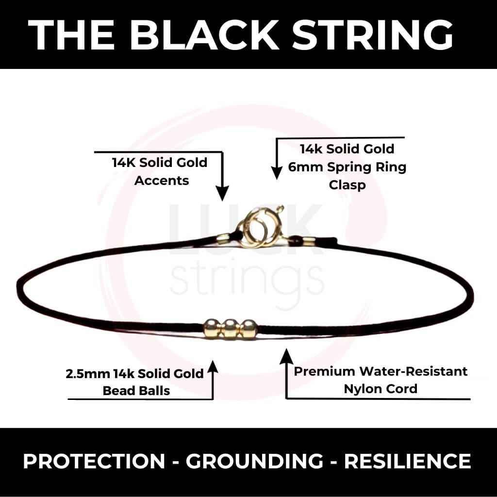 black water-resistant nylon cord bracelet with 14k solid gold beads and clasp by Luck Strings for luck and spirituality.