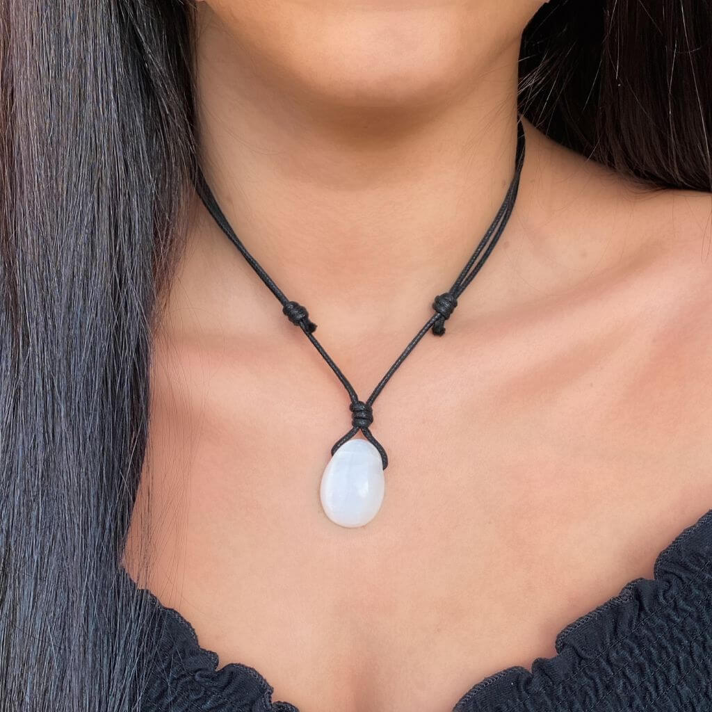 Selenite crystal pendant on a black adjustable waxed cord necklace - Luck Strings