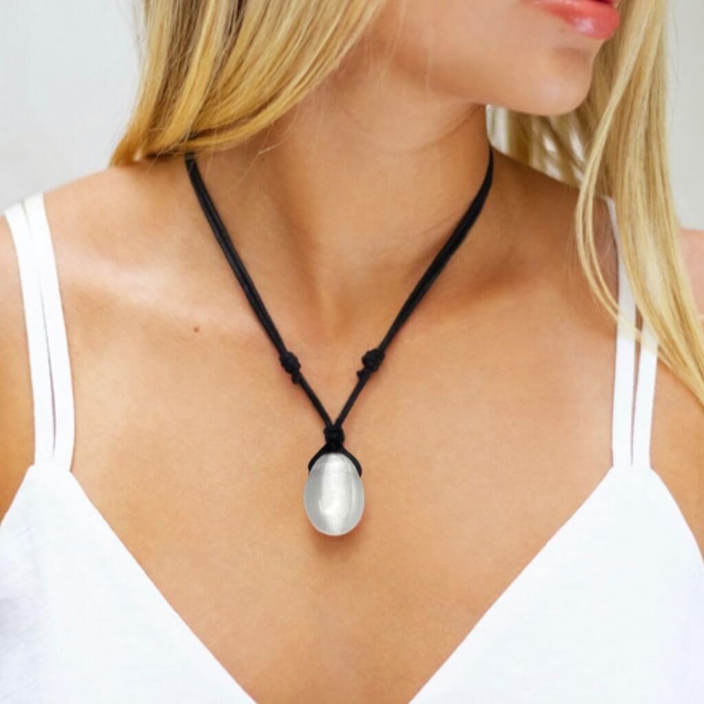 Selenite crystal pendant on a black adjustable waxed cord necklace - Luck Strings
