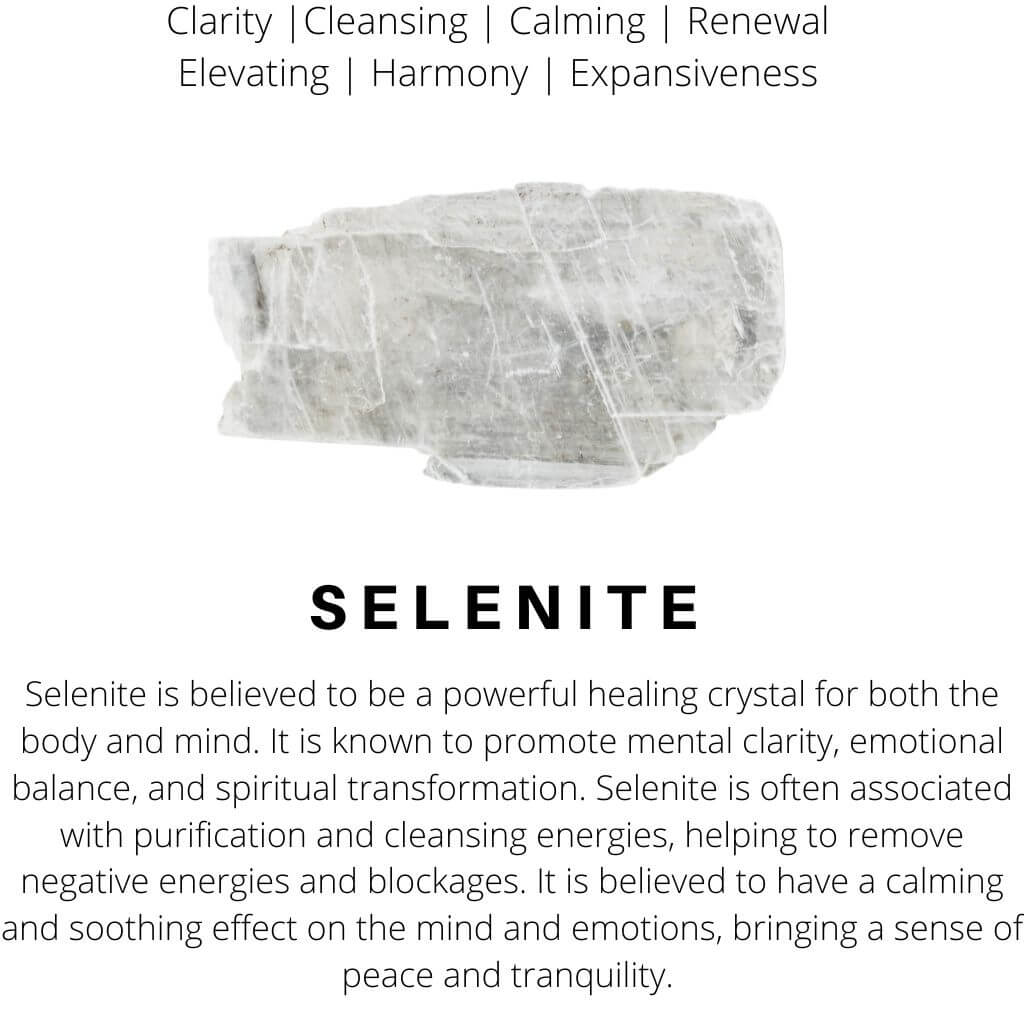 Text block describing selenite's properties as a healing crystal, with keywords such as Clarity, Cleansing, Calming, Renewal, Elevating, Harmony, and Expansiveness - Luck Strings