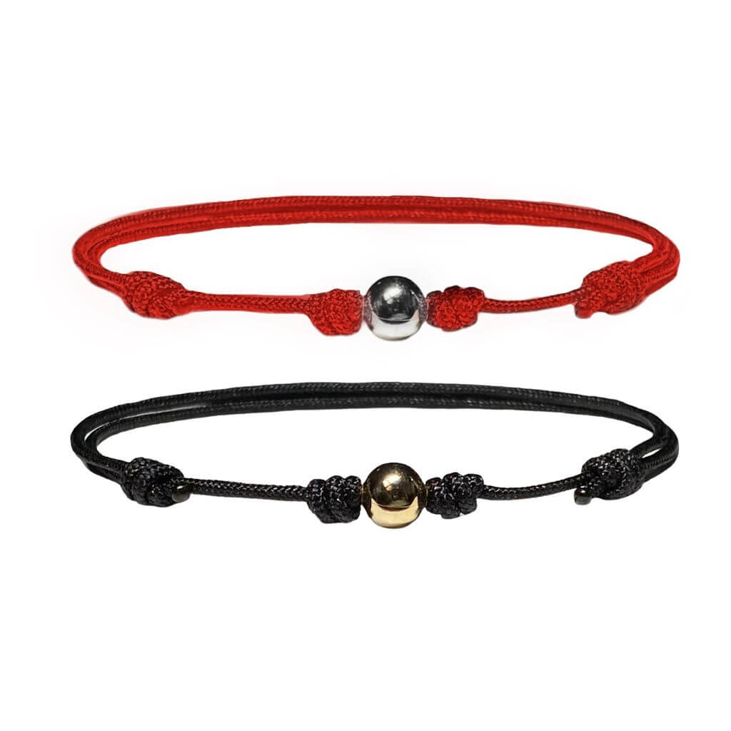 Red and black string bracelets with 14K gold beads, showcasing both color options - Luck Strings