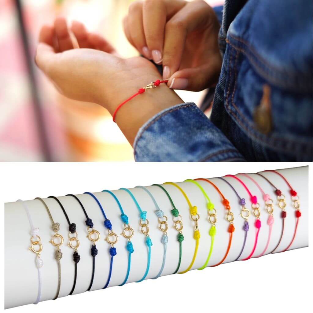 Color chart showing a range of string bracelet colors available with gold clasps - Luck Strings