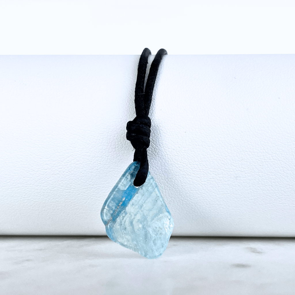 Raw Small Aquamarine OOAK Gemstone Pendant Cord Necklace - A symbol of calm and clarity by Luck Strings.