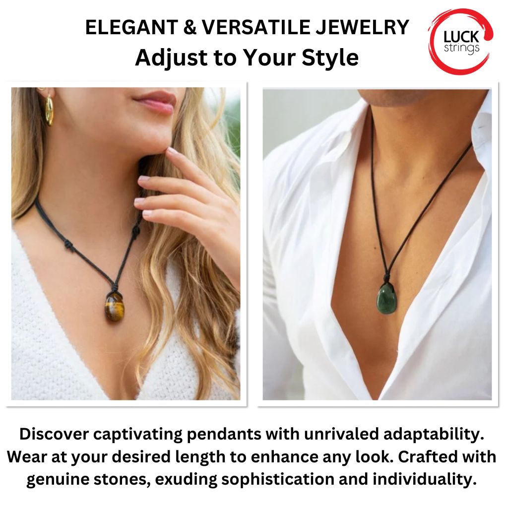 Two models demonstrating the versatility of Luck Strings' adjustable necklaces, one styled as a choker and the other at a longer length with different gemstones.