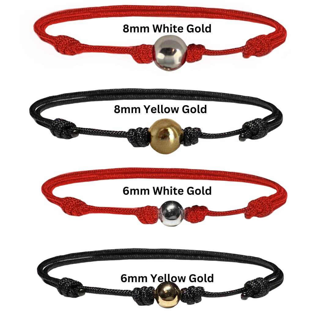 Red and black string bracelets with 14K gold beads, showcasing both color options - Luck Strings