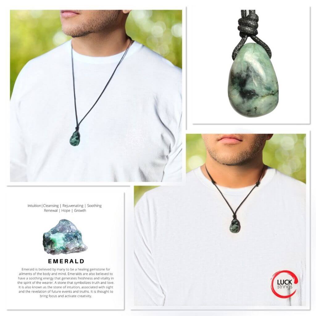 Luck Strings collage of gemstone pendants in versatile styles including necklaces and adjustable cords.