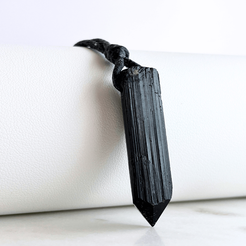 Raw Black Tourmaline OOAK Point Pendant Cord Necklace - A symbol of grounding and shielding by Luck Strings.