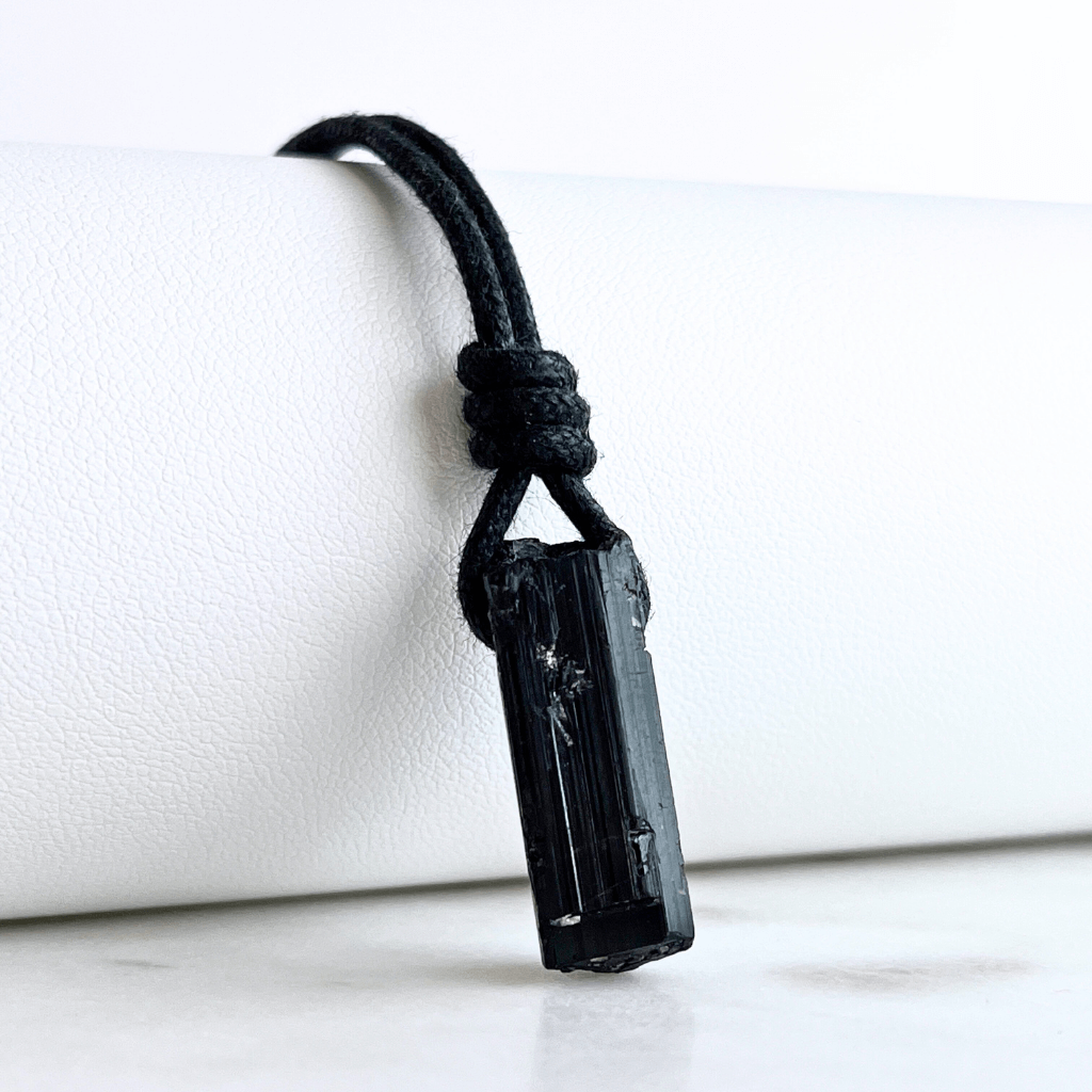 Raw Black Tourmaline OOAK Point Pendant Cord Necklace - A symbol of grounding and vitality by Luck Strings.