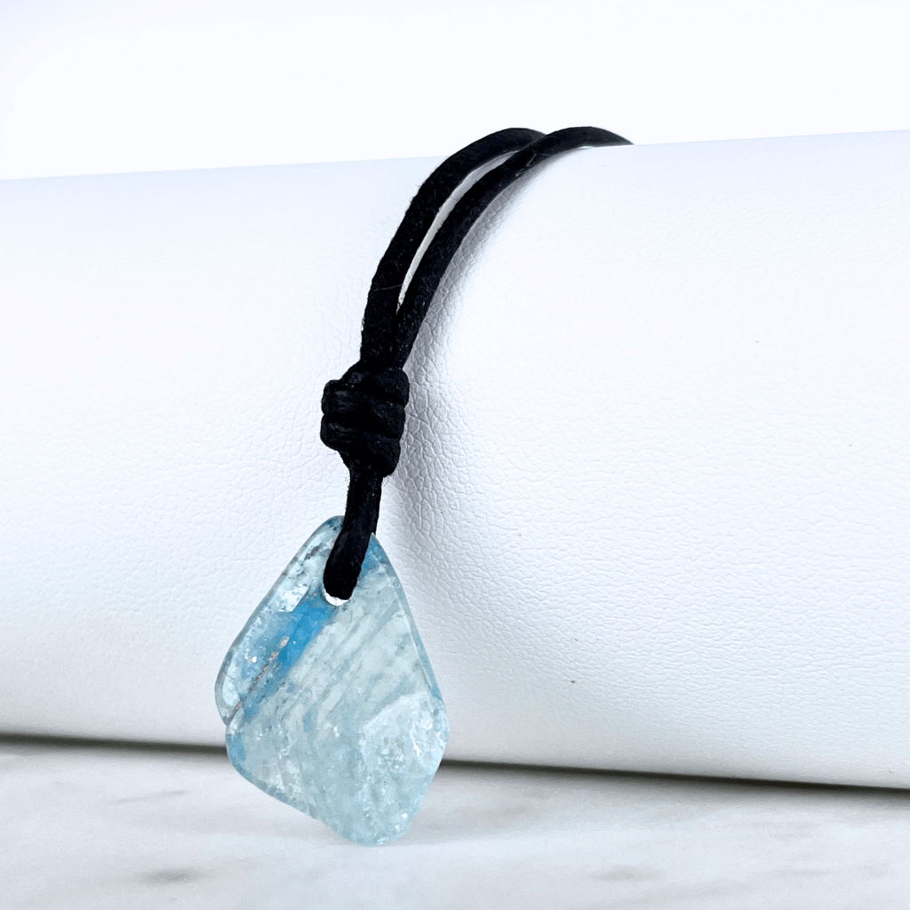 Raw Small Aquamarine OOAK Gemstone Pendant Cord Necklace - A symbol of calm and clarity by Luck Strings.