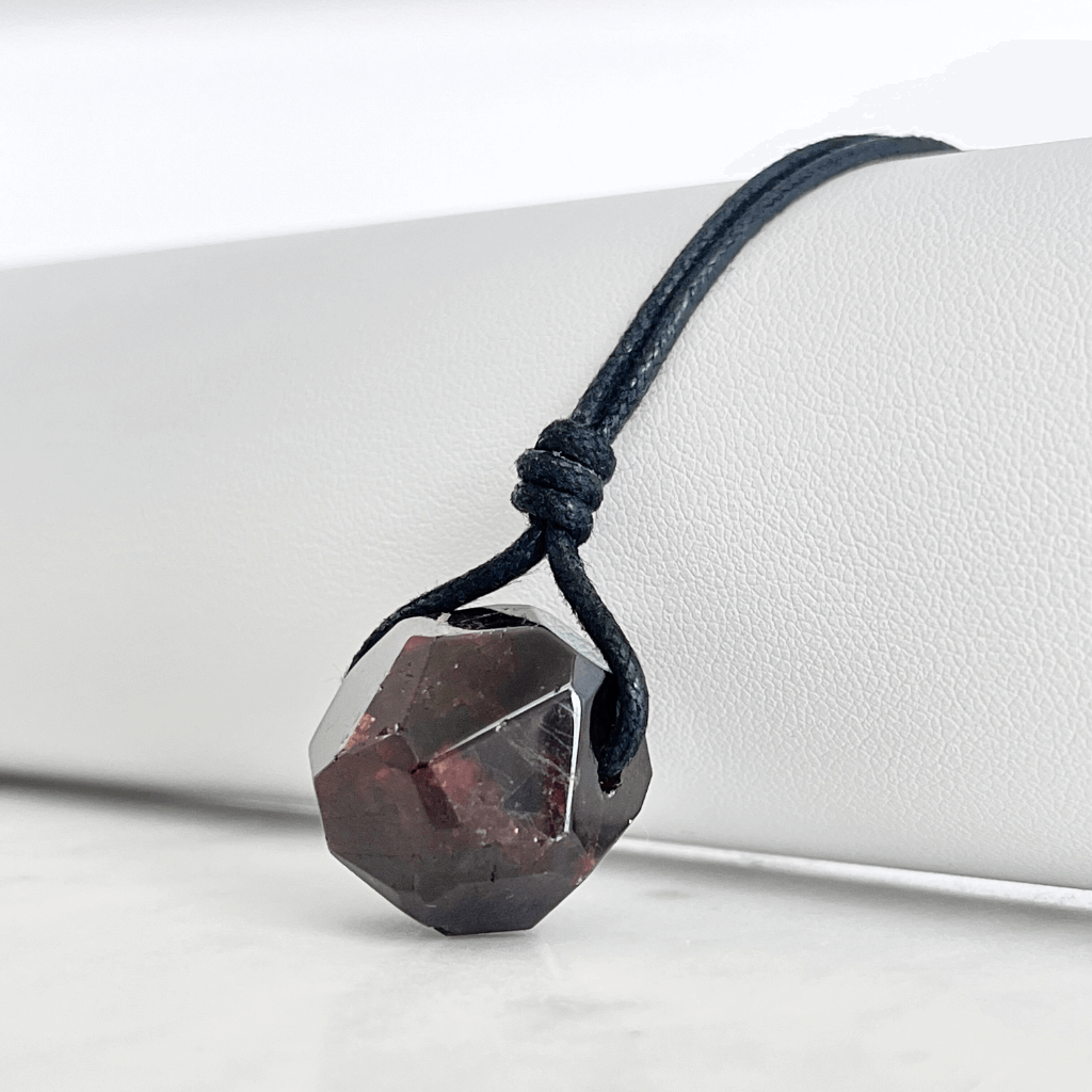 OOAK Hexagon Garnet Gemstone Pendant Necklace - Geometric Beauty by Luck Strings.