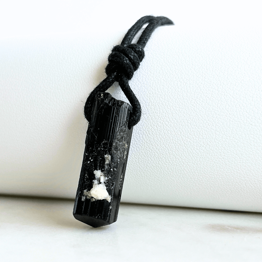 Raw Black Tourmaline OOAK Point Pendant Cord Necklace - A symbol of protection and grounding by Luck Strings.