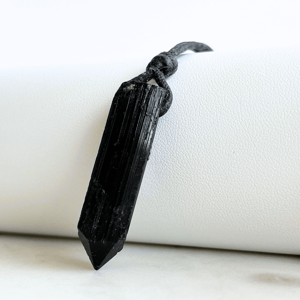 Raw Black Tourmaline OOAK Point Pendant Cord Necklace - A symbol of grounding and shielding by Luck Strings.