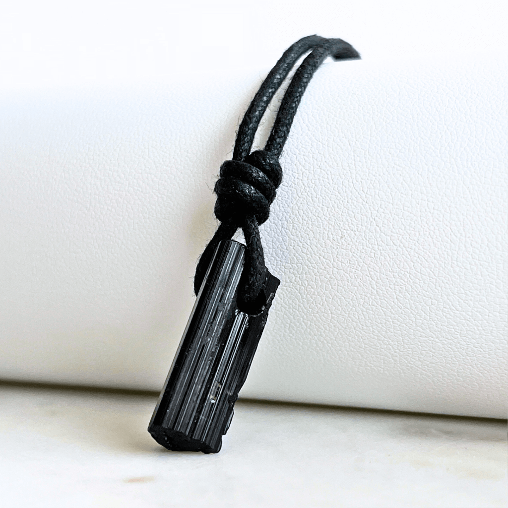 Raw Black Tourmaline OOAK Point Pendant Cord Necklace - A symbol of grounding and vitality by Luck Strings.