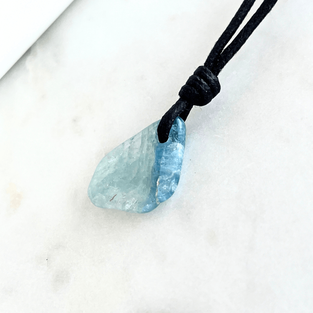 Raw Small Aquamarine OOAK Gemstone Pendant Cord Necklace - A symbol of calm and clarity by Luck Strings.
