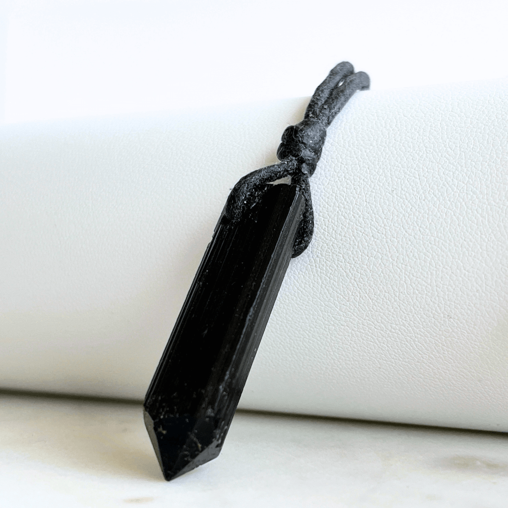 Raw Black Tourmaline OOAK Point Pendant Cord Necklace - A symbol of grounding and shielding by Luck Strings.