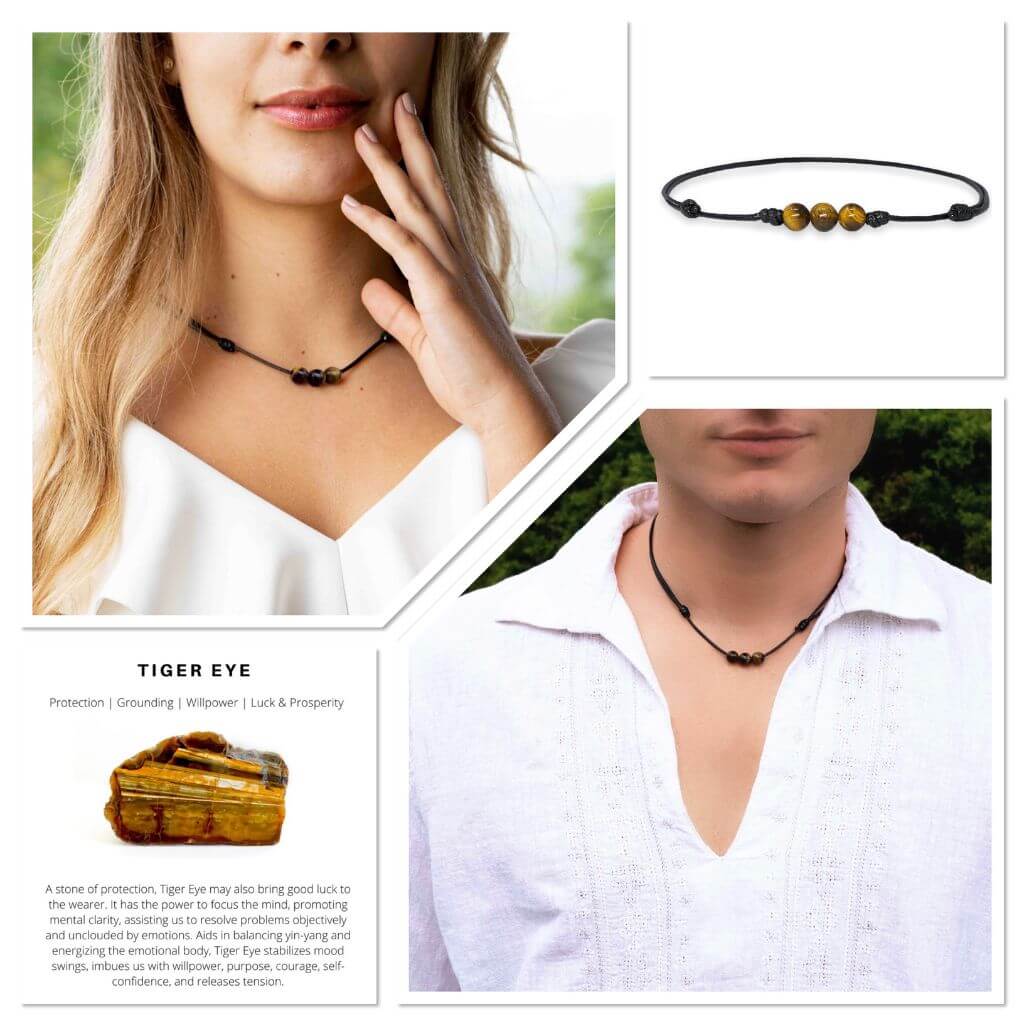 Women showcasing a Tiger Eye Choker, with the stone's distinctive golden-brown shimmer accentuating their stylish and confident look - Luck Strings