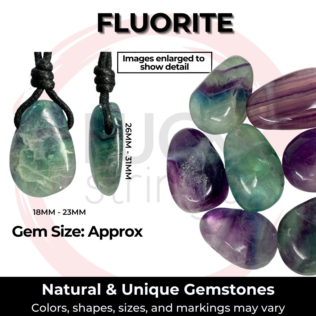 Infographic showing various Fluorite gemstones for necklaces with approximate sizes indicated, highlighting the natural and unique colors, shapes, sizes, and markings of each stone - Luck Strings