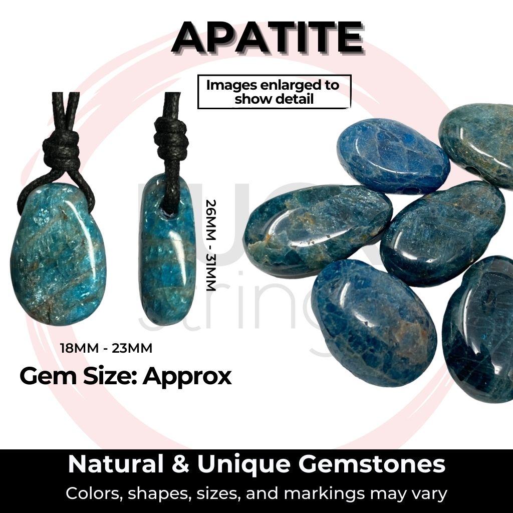 A collection of Luck Strings natural and unique apatite gemstones showcasing diverse blue-green colors and sizes