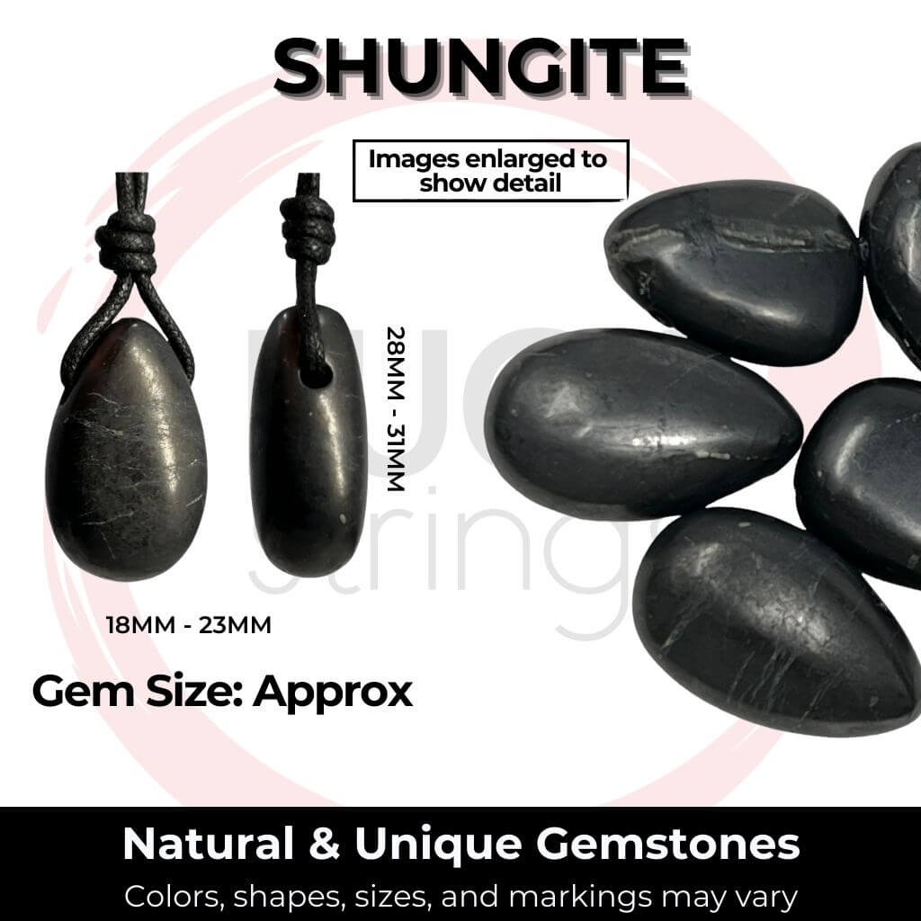 Infographic showing various Shungite gemstones for necklaces with approximate sizes indicated, highlighting the natural and unique colors, shapes, sizes, and markings of each stone.