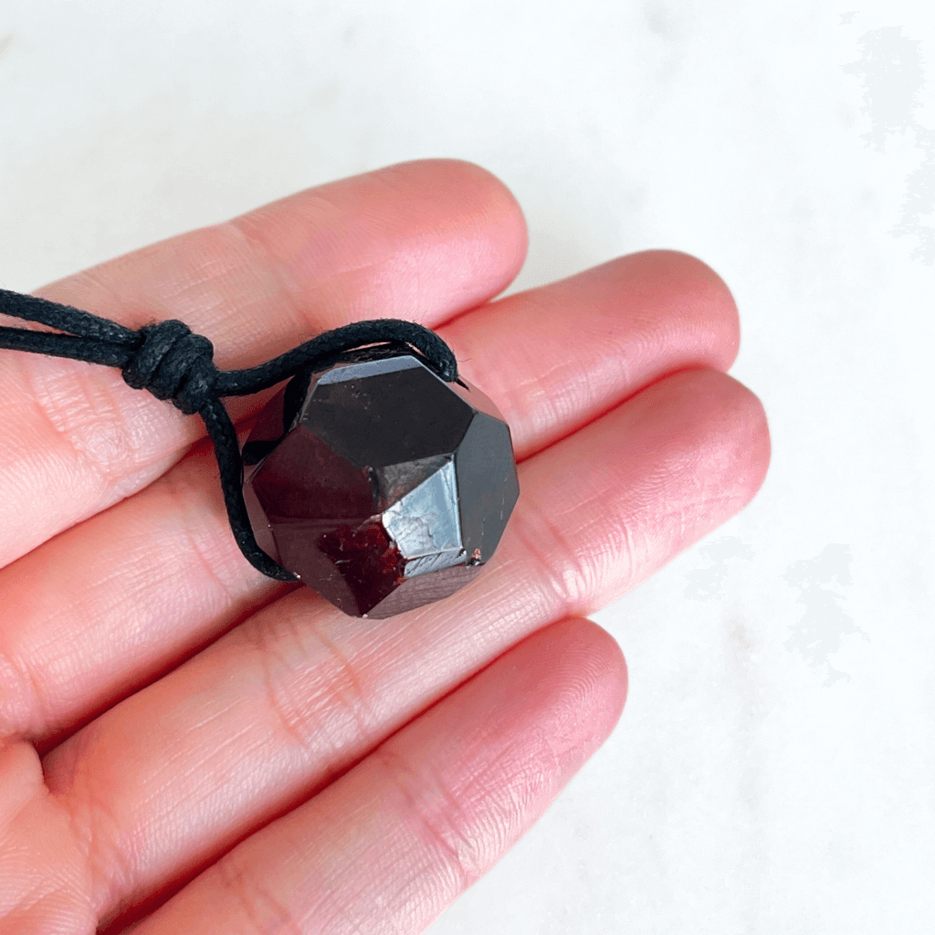 OOAK Hexagon Garnet Gemstone Pendant Necklace - Geometric Beauty by Luck Strings.