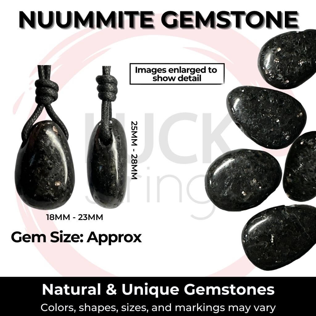 An array of Nuummite stones in various sizes and natural variations, detailing the unique color, shape, and size with Luck Strings' branding.