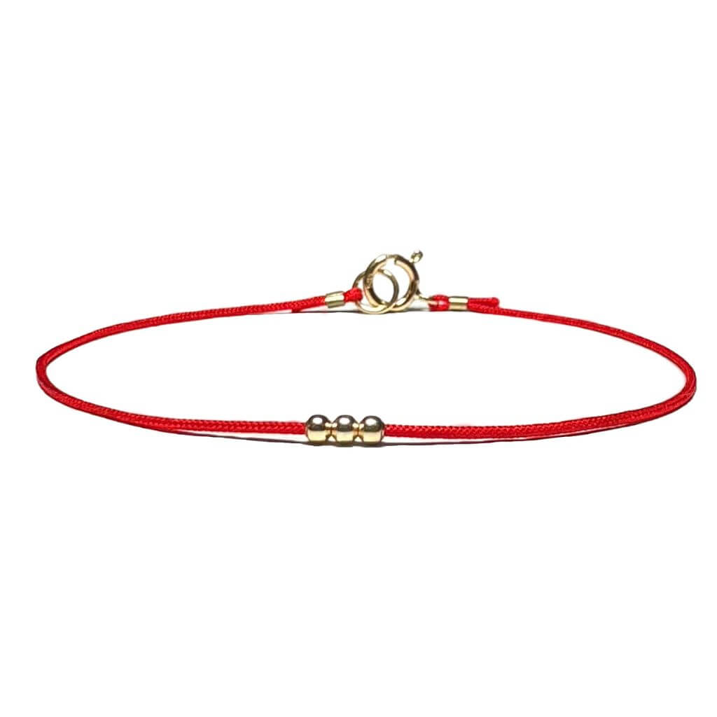 Luck Strings red string bracelet with 14k solid yellow gold triple beads 