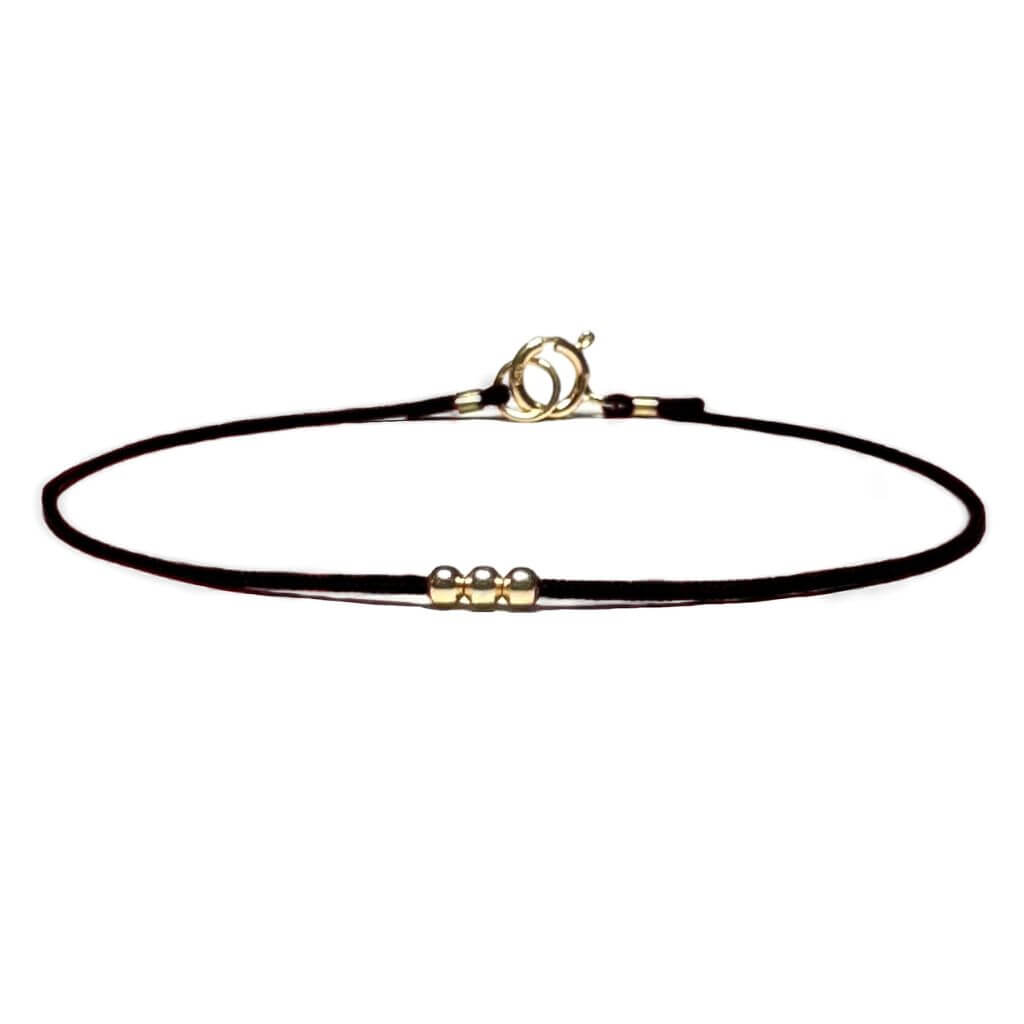 Luck Strings black string bracelet with 14k solid yellow gold triple beads