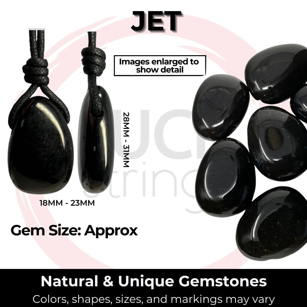 Infographic showing various Black Jet gemstones for necklaces with approximate sizes indicated, highlighting the natural and unique colors, shapes, sizes, and markings of each stone.