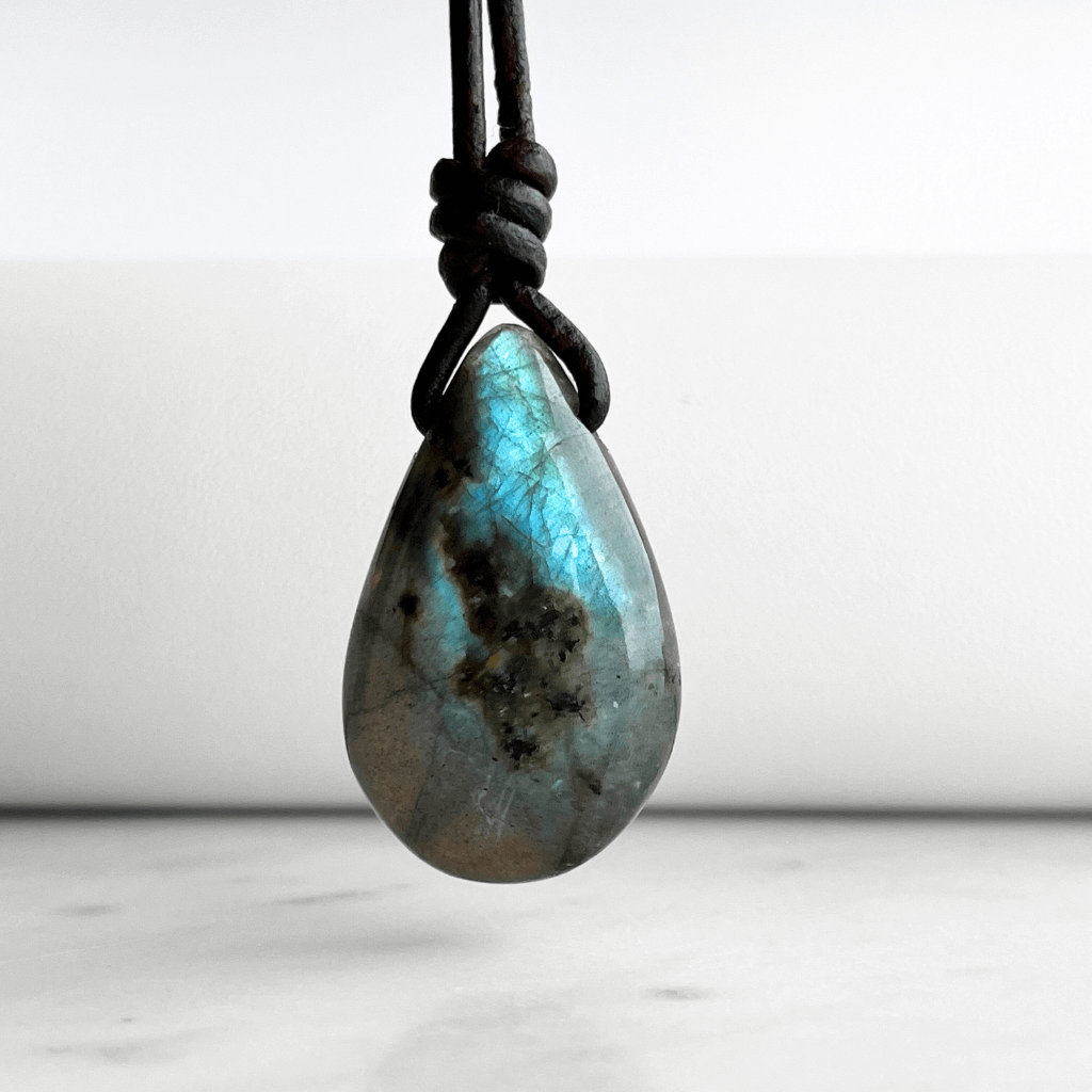 Labradorite Teardrop Gemstone OOAK Pendant Necklace with Blue Flash - Mesmerizing by Luck Strings.