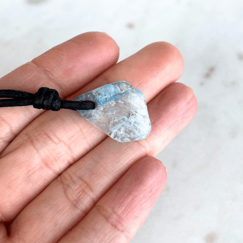 Raw Small Aquamarine OOAK Gemstone Pendant Cord Necklace - A symbol of calm and clarity by Luck Strings.