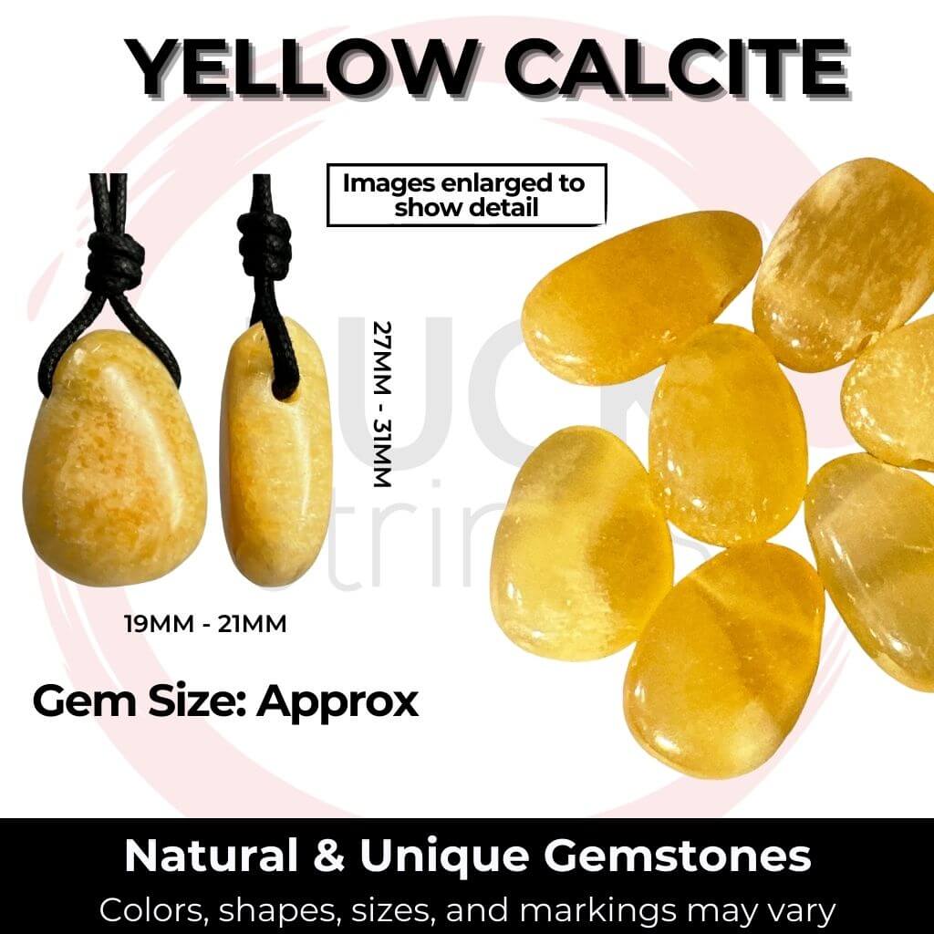 "A collection of Luck Strings' natural and unique Yellow calcite gemstones, showcasing vibrant colors and varied sizes.