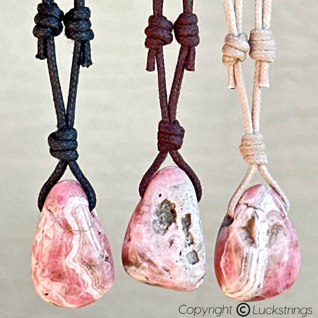 Luck Strings-Handcrafted rhodochrosite necklace with adjustable sliding knots made from natural gemstones