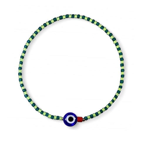 Neon Yellow Teal Evil Eye Bracelet with 14k Gold Accents - Luck Strings