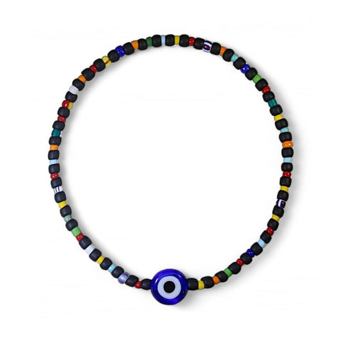 Black Multicolor Seed Bead Evil Eye Bracelet