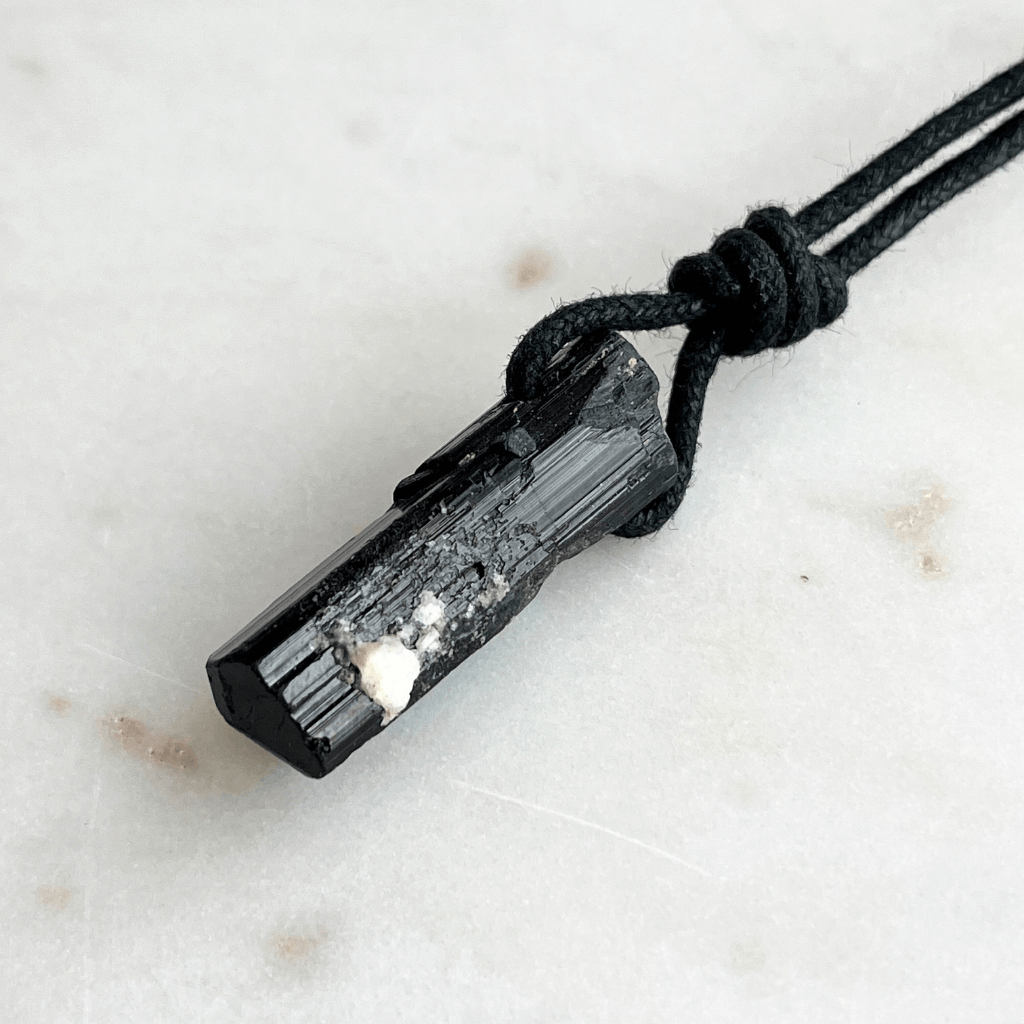 Raw Black Tourmaline OOAK Point Pendant Cord Necklace - A symbol of protection and grounding by Luck Strings.