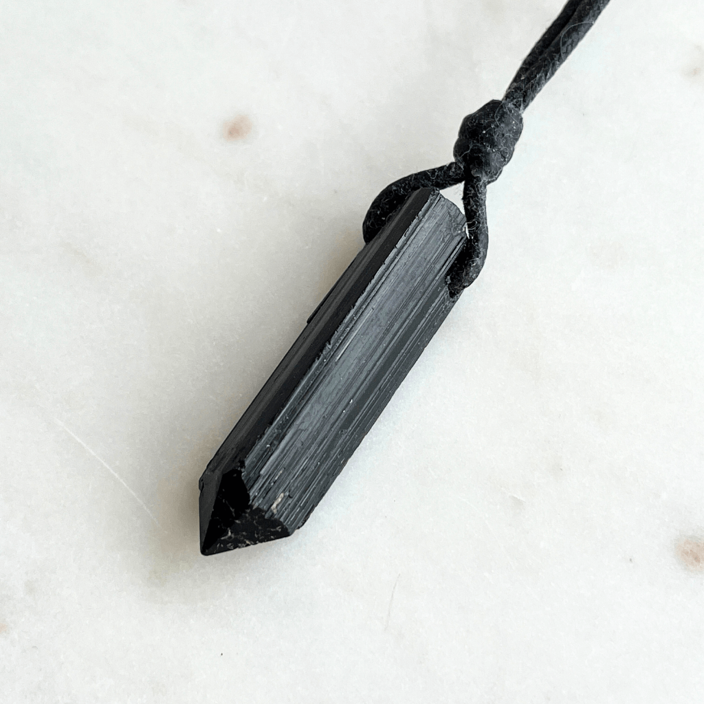 Raw Black Tourmaline OOAK Point Pendant Cord Necklace - A symbol of grounding and shielding by Luck Strings.