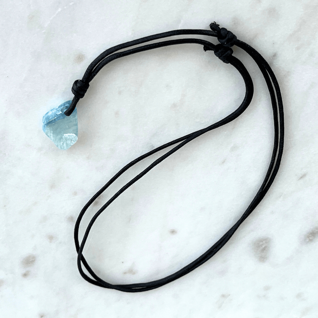 Raw Small Aquamarine OOAK Gemstone Pendant Cord Necklace - A symbol of calm and clarity by Luck Strings.