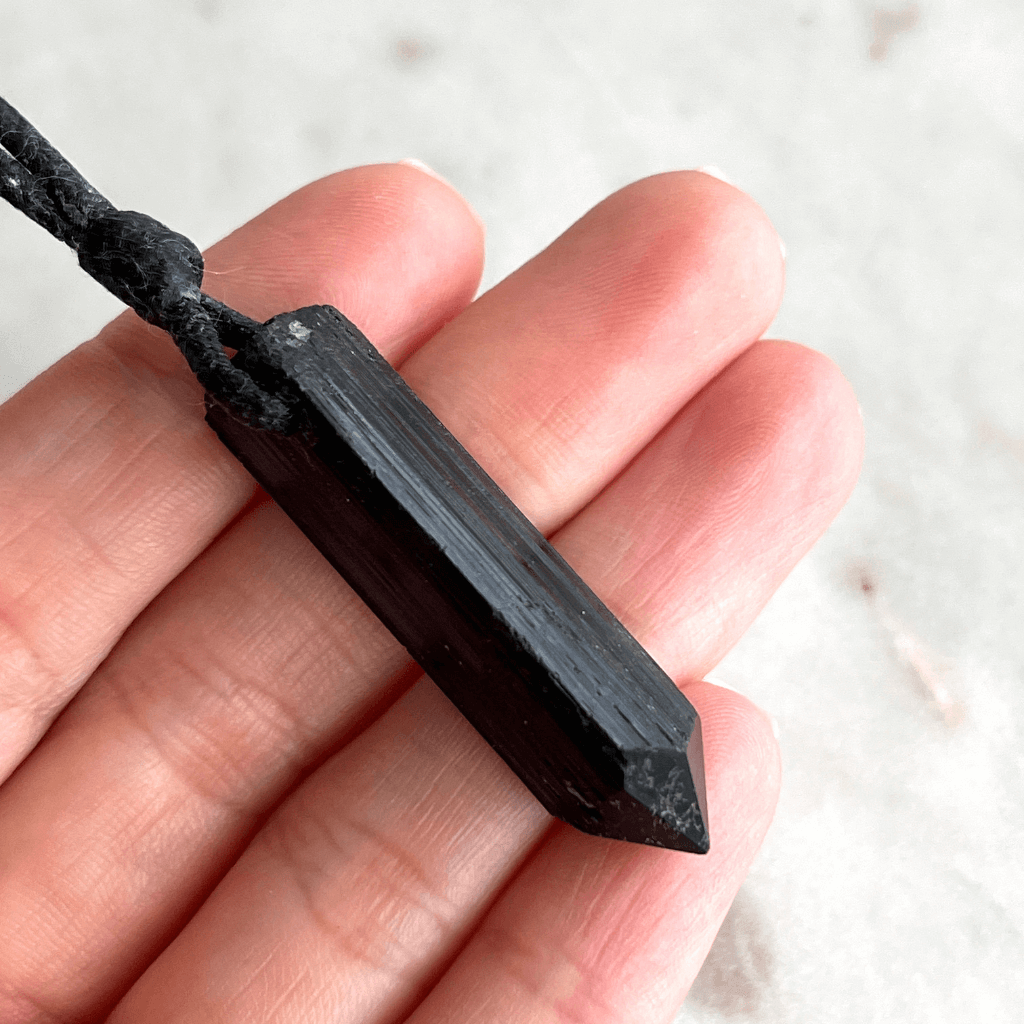 Raw Black Tourmaline OOAK Point Pendant Cord Necklace - A symbol of grounding and shielding by Luck Strings.