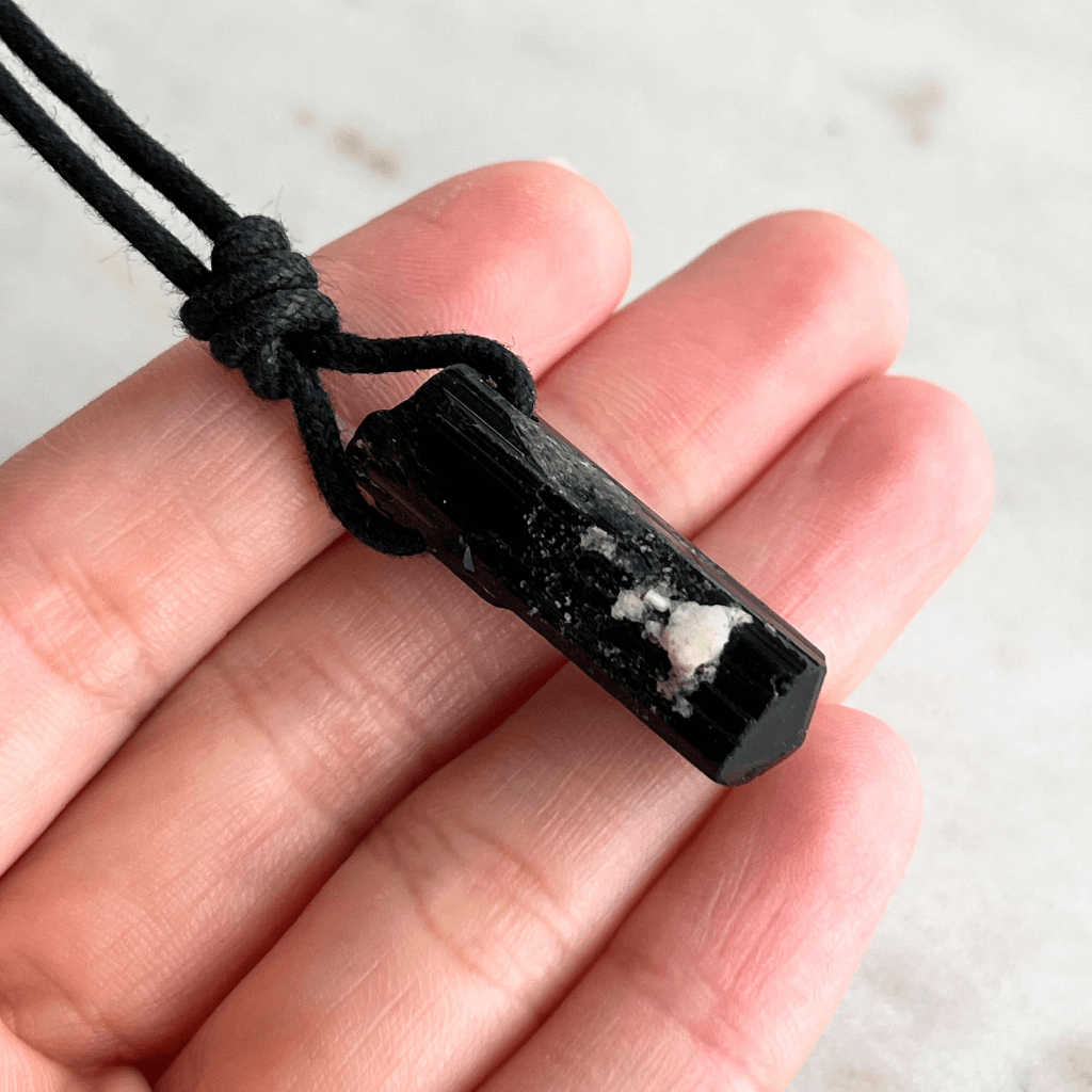 Raw Black Tourmaline OOAK Point Pendant Cord Necklace - A symbol of protection and grounding by Luck Strings.