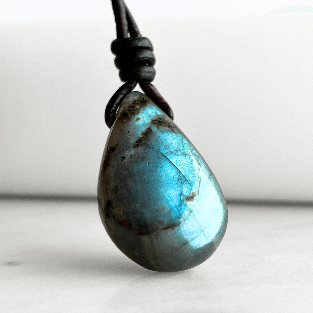 Labradorite Teardrop Gemstone OOAK Pendant Necklace with Blue Flash - Mesmerizing by Luck Strings.