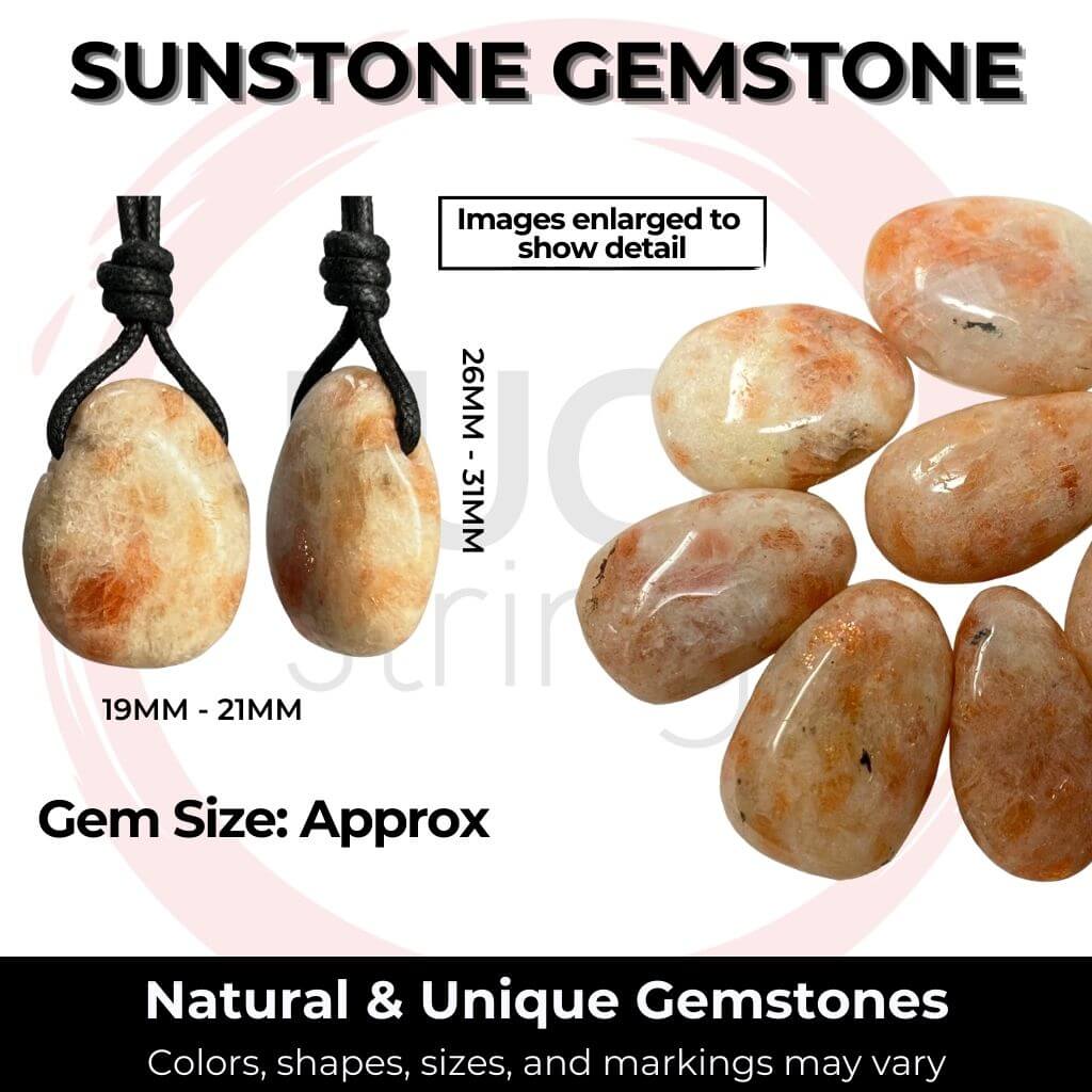Various Sunstone gemstones with text emphasizing the natural and unique qualities of each stone - Luck Strings