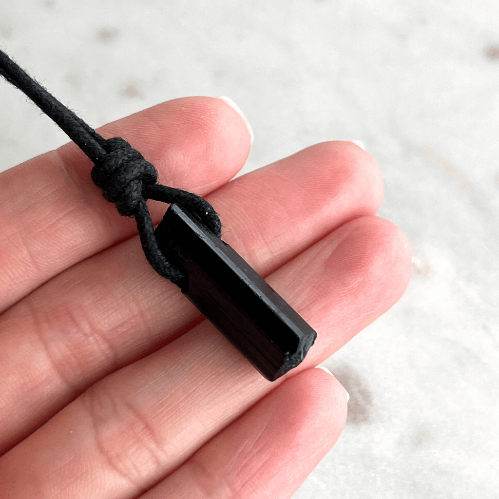 Raw Black Tourmaline OOAK Point Pendant Cord Necklace - A symbol of grounding and vitality by Luck Strings.